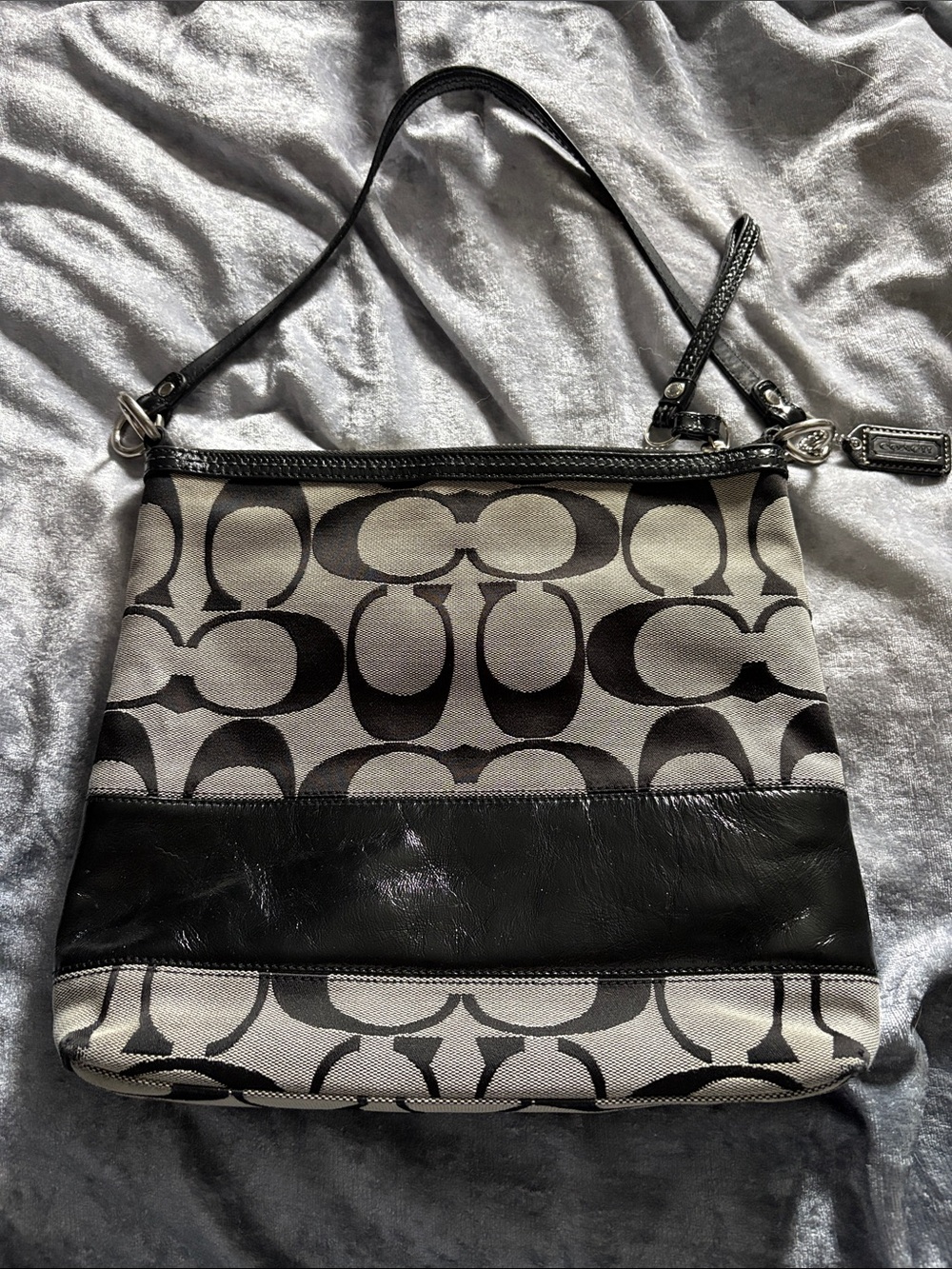 Coach Signature Canvas and Black Leather Shoulder Bag
